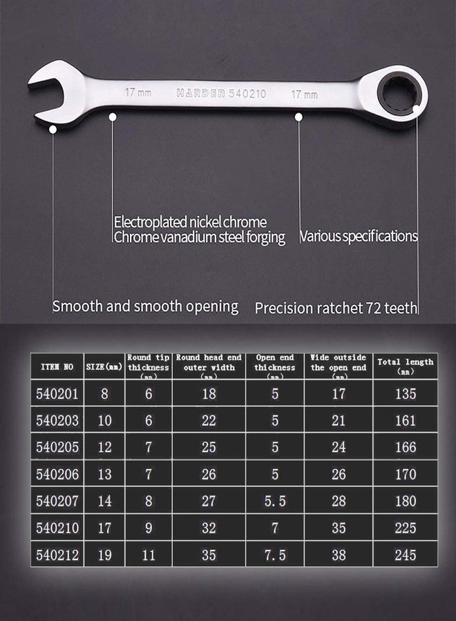 Harden 7 Pieces (8, 10, 12, 13, 14, 17, 19mm Sizes) Fixed Combination Gear Spanner Set with 72 Tooth Ratchet Head - 540117 - Image 3